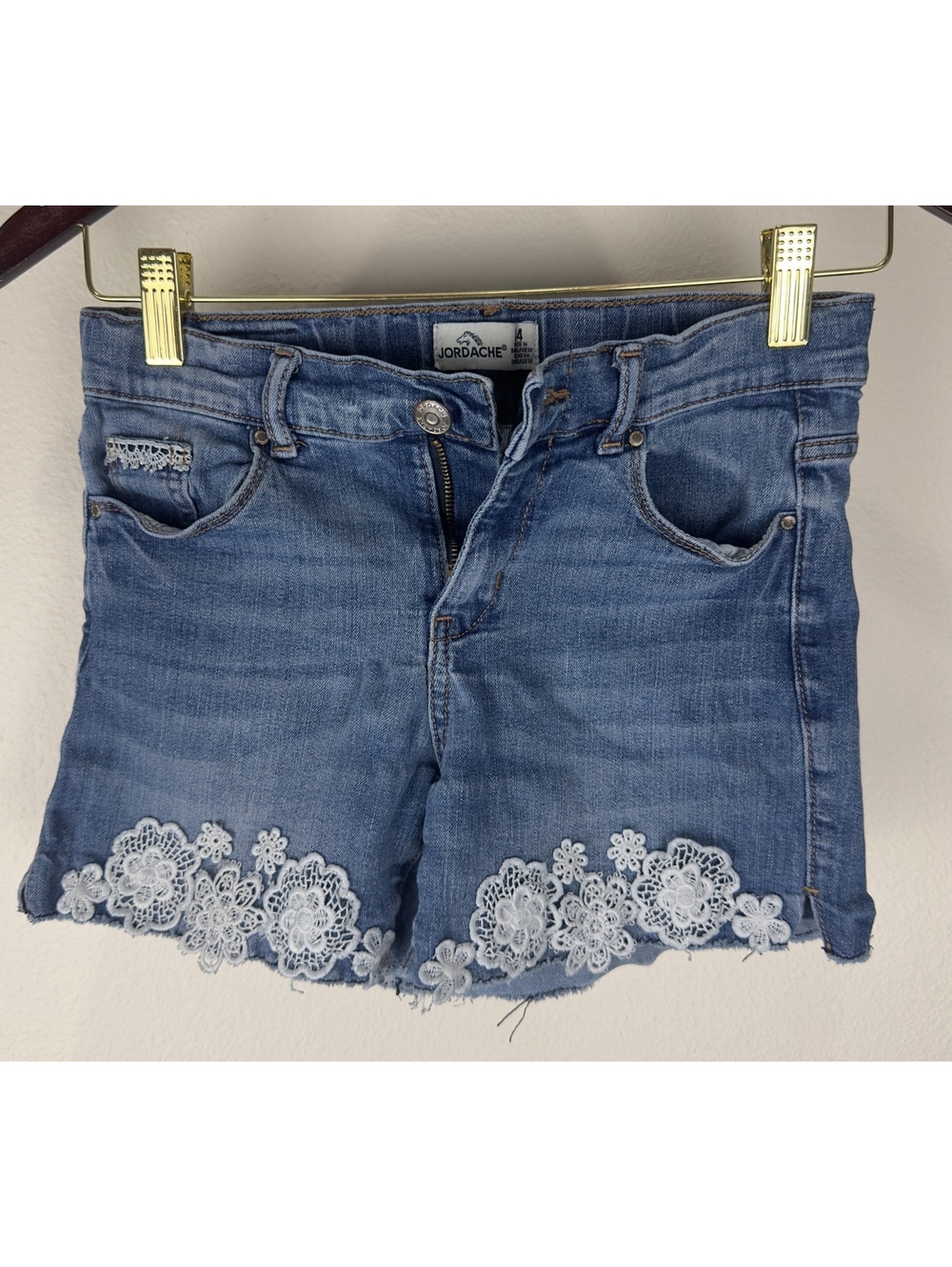 Jordache Girls Size 14 Denim Shorts Blue Floral Lace Applique Raw Hem Jean